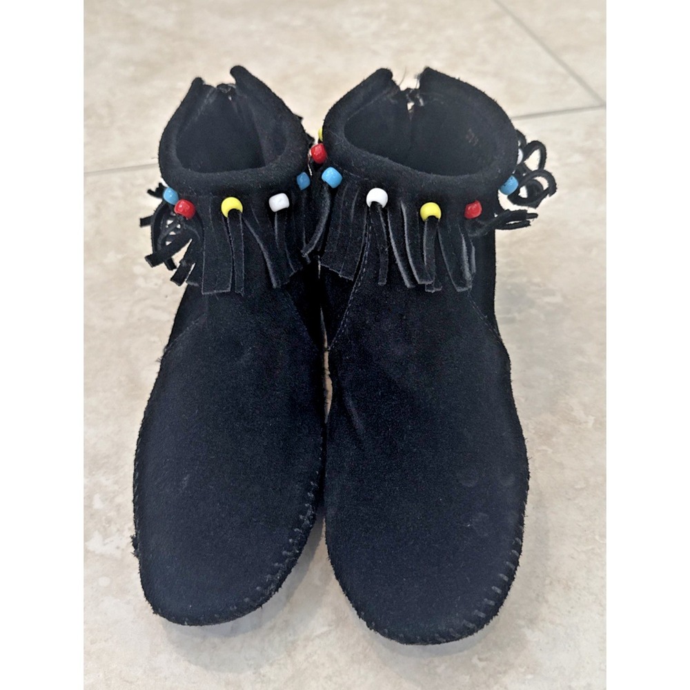 Minnetonka Moccasin Black Fringe Suede Beaded Sz 7 Zipper Hippie Festival Boho - Picture 2 of 8
